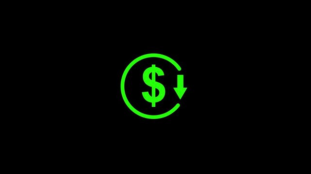 Abstract decrease icon on black background. Dollar rate down looped icon. Reduce costs sign and symbol. animation. 4k video...
