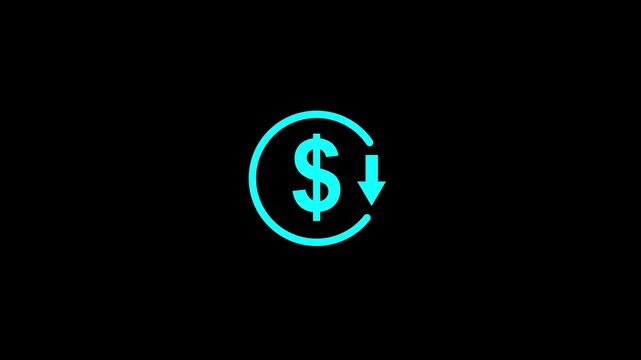 Abstract decrease icon on black background. Dollar rate down looped icon. Reduce costs sign and symbol. animation. 4k video...