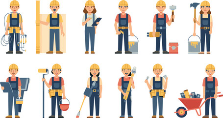 Obraz premium Cartoon-style vector illustrations of construction workers with safety gear performing diverse tasks for teamwork, labor, and industrial design themes.
