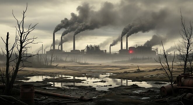 Industrial facility emits thick smoke stacks over a desolate, polluted landscape
