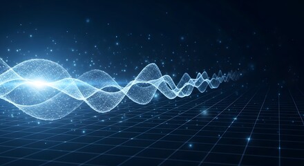 Abstract glowing digital waveform in dark blue grid space