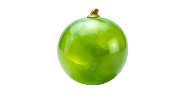 Single, translucent, green fruit with a small stem against a stark black background