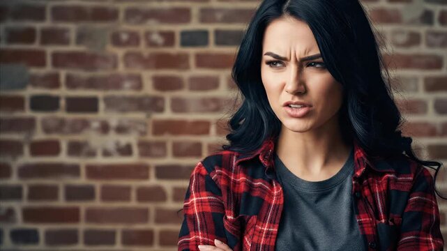 Young woman with black hair and red plaid shirt looking angry and frustrated