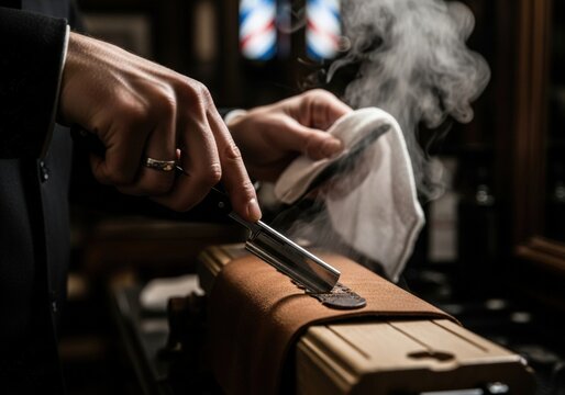  A barber sharpening a straight razor on a leather strop in a moody, vintage barbershop.