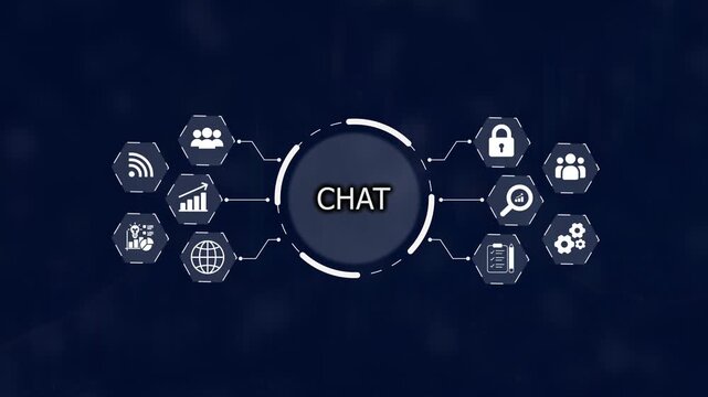 Digital communication concept with central word CHAT surrounded by interconnected white representing global connection data analysis security and