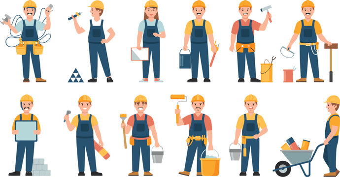Cartoon-style vector illustrations of construction workers with safety gear performing diverse tasks for teamwork, labor, and industrial design themes.