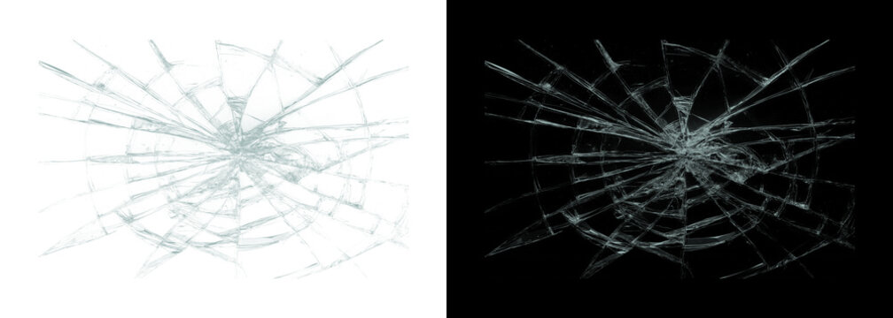 Cracked glass on white and black backgrounds broken window effect