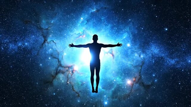 Silhouette of a human figure standing with outstretched arms against a dynamic blue starry cosmic nebula background