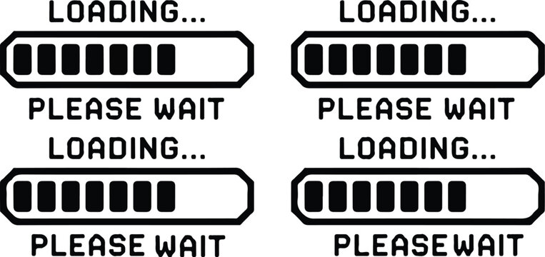 Digital loading bars with text please wait, indicating system progress and data transfer for web and application interfaces