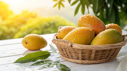 Fresh mangoes in a basket with water droplets on a white wooden table