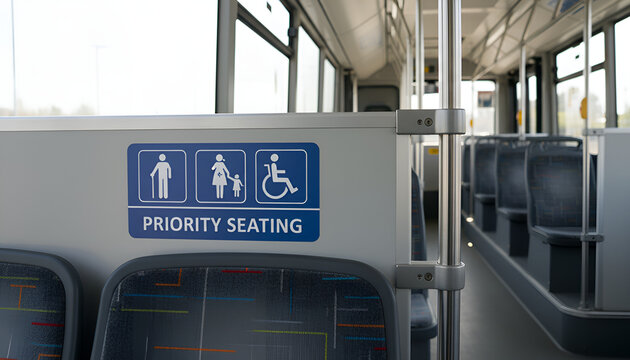 Public transport priority seat signage in empty bus interior  