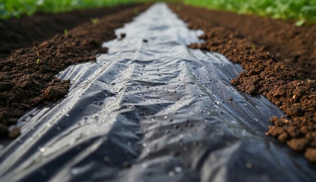 Plastic sheet over soil in a planting field with dark earth  