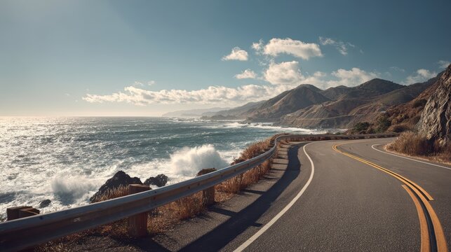 Coastal Road Journey: A scenic coastal road winds along the dramatic cliffs and azure waters of the ocean under a clear blue sky dotted with fluffy clouds.