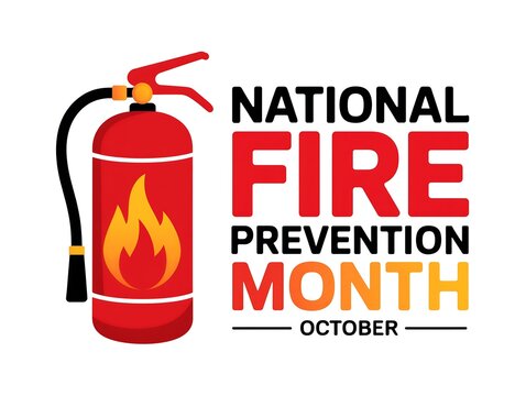 National fire prevention month poster with fire extinguisher illustration