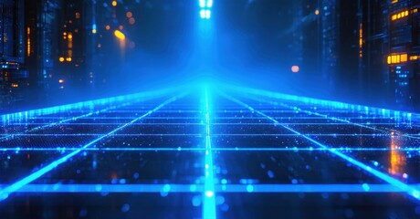 Fototapeta premium Futuristic cityscape glows with vibrant blue gridlines. Lights extend into dark distance, creating digital highway impression.