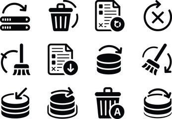 Clear cache and data management icon set with database reset, delete file, trash bin, broom cleaning and refresh arrows isolated on white background © Shirina