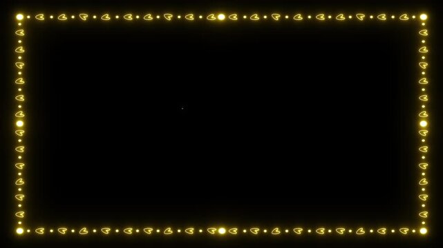 Gold heart border. Neon frame loop. Romantic overlay. Wedding video art. Glowing border. Valentine motion. Elegant gold line. Festive frame. Love heart neon. Luxury border bg.