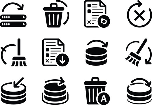 Clear cache and data management icon set with database reset, delete file, trash bin, broom cleaning and refresh arrows isolated on white background
