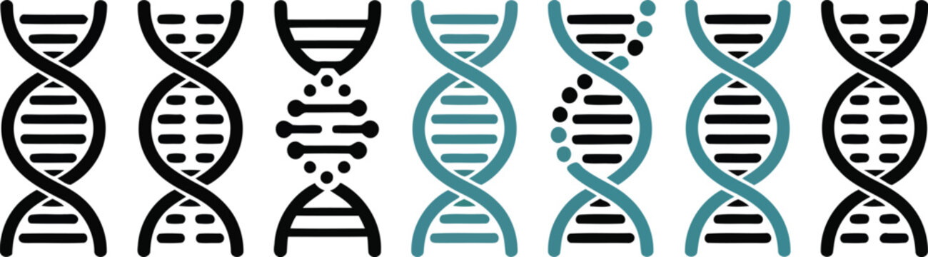 A row of dna double helix structures in black and blue Vector