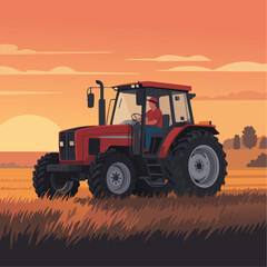Fototapeta premium Tractor Driver Working at SunriseFlat vector illustration of a tractor driver working early morning at sunrise. Warm sky and open farmland visible. Flat vector style, peaceful rural mood.
