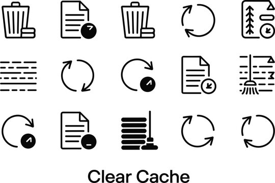 Clear cache and refresh icon collection with delete document, trash bin, broom cleaning, circular arrows and data reset symbols isolated on white background