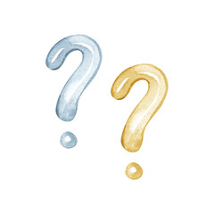 Hand-painted watercolor illustration of two question marks in soft silver and gold tones. These textured, rounded punctuation marks are perfect for creative faq designs, help sections, and quiz