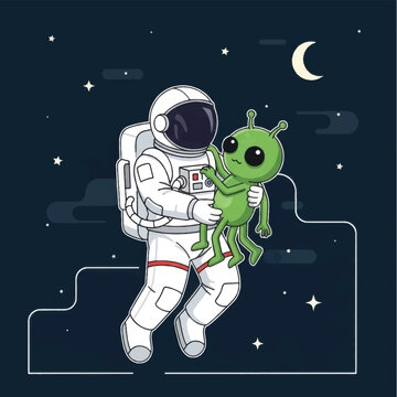 Astronaut Holding Alien in Space Suit.