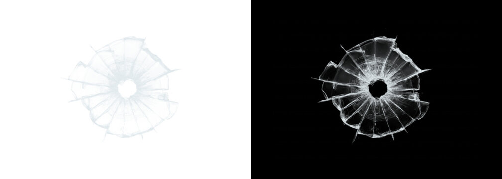 Shattered glass bullet holes on white and black backgrounds