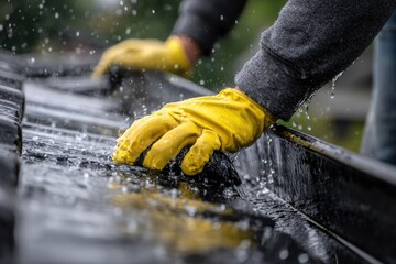 Hands in yellow gloves cleaning a rain-soaked gutter, with splashing water
