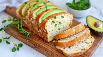 Freshly Sliced Bread Topped with Avocado and Herbs on a Wooden Cutting Board