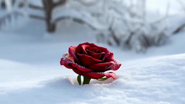 Red rose blooming through snow winter miracle