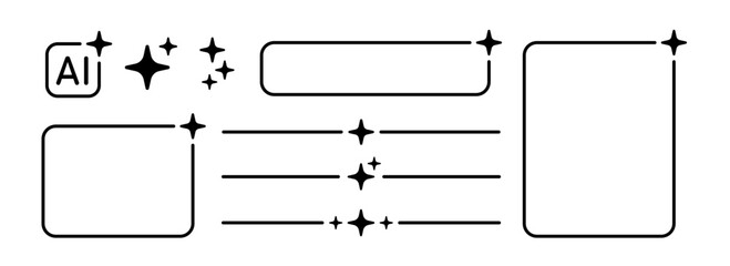 AI icons, frames, borders and dividers set. Artificial intelligence border. Technology box with smart star. Neural network design elements collection. Vector illustration isolated on white background.
