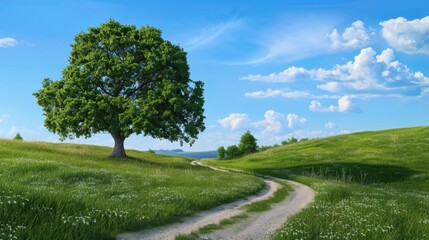 Serene Countryside Landscape with a Majestic Tree Under a Bright Blue Sky and Lush Green Fields