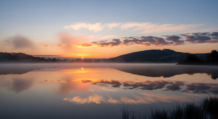 Fototapeta premium Scenic landscape of a golden sun rising over hills and reflecting on a still foggy lake surface at dawn