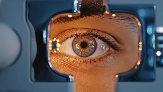 Close up human eye undergoing optical examination with medical diagnostic equipment