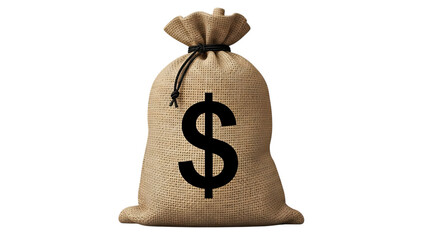 Textured burlap sack with dollar sign symbol prominently displayed isolated on a transparent background