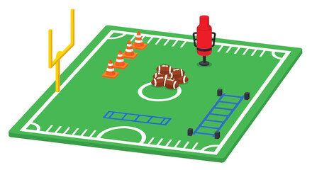 Fototapeta premium Isometric view of a miniature football field equipped with various training gear including goalposts, cones, footballs, an agility ladder, and a tackling dummy.