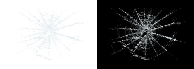 Fototapeta premium Cracked glass shattered window pane on black and white backgrounds
