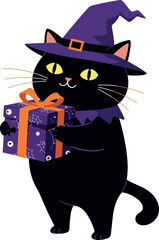 Black Cat In Purple Witch Hat Holding Gift Box Halloween Vector