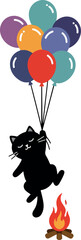 Black Cat Floating with Colorful Balloons Above Campfire