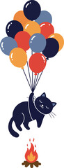 Black Cat Floating With Colorful Balloons Over Campfire