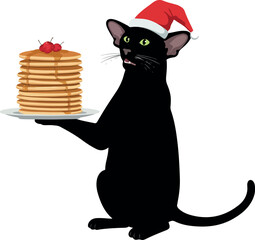 Black Cat In Santa Hat Holding Pancakes Christmas Food Vector