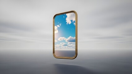 A smartphone with a serene blue sky and white clouds reflected on its screen