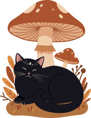 Black Cat Sleeping Under Mushroom Autumn Leaves Nature Vector
