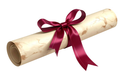 Rolled paper scroll tied with a rich, burgundy colored ribbon
