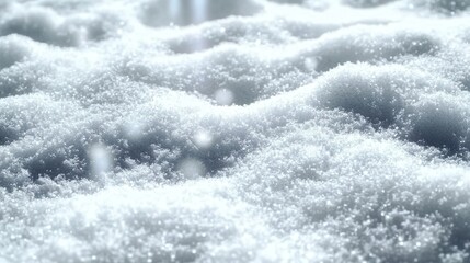 Fototapeta premium Soft snow covers the ground in a serene winter landscape glistening under bright sunlight near a peaceful forest