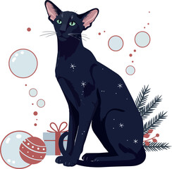 Black Oriental Cat Festive Christmas With Tree Ornaments and Gift