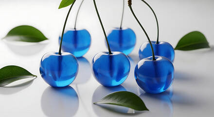 Blue Glass Cherries with Green Leaves on White Surface.