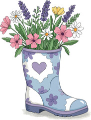 Blue Boot Bouquet of Pink and Lavender Flowers on White