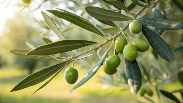 Close up of an olive branch with green olives in the sunlight in summer
